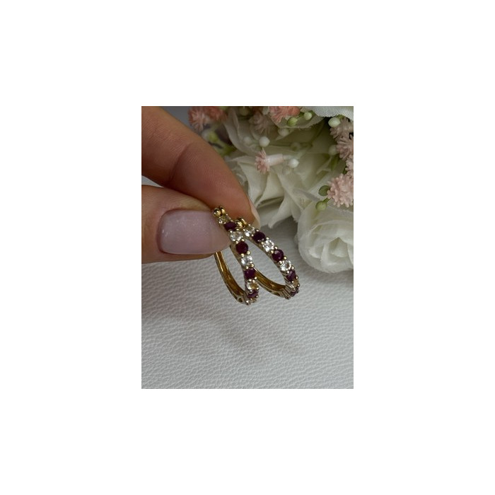 925 Sterling Silver Gold Plated Ruby & Beryl Earrings Length 1.10 Inch