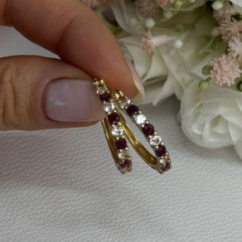 925 Sterling Silver Gold Plated Ruby & Beryl Earrings Length 1.10 Inch