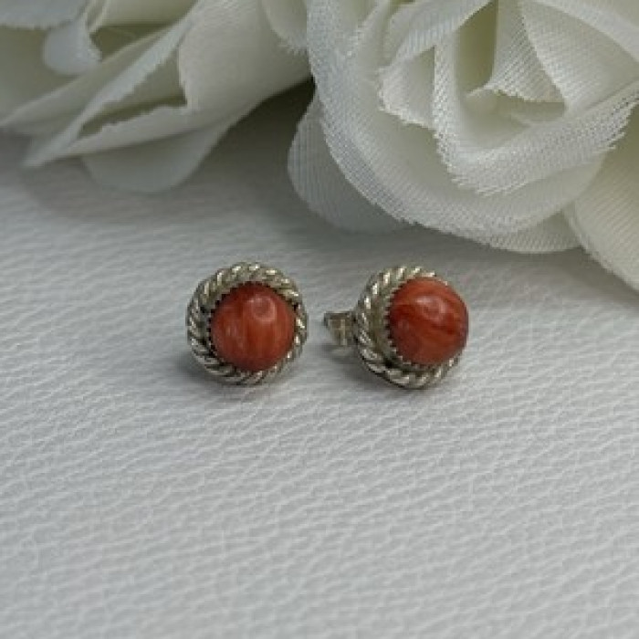 925 Sterling Silver Coral Earrings Length 0.30 Inch