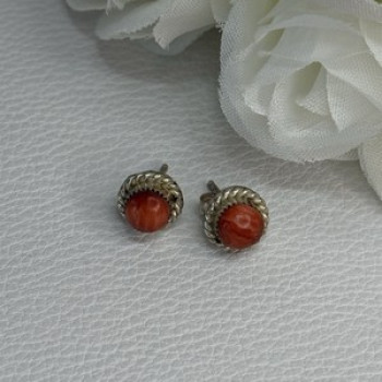 925 Sterling Silver Coral Earrings Length 0.30 Inch