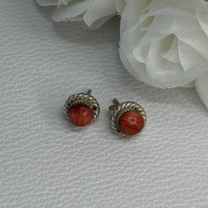 925 Sterling Silver Coral Earrings Length 0.30 Inch