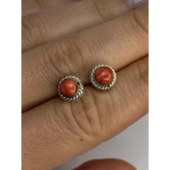 925 Sterling Silver Coral Earrings Length 0.30 Inch