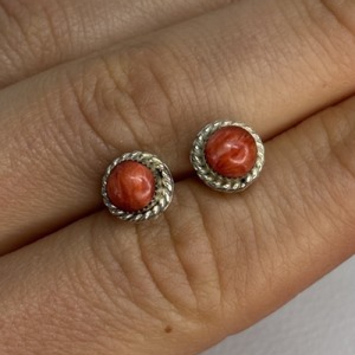 925 Sterling Silver Coral Earrings Length 0.30 Inch