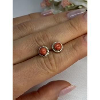925 Sterling Silver Coral Earrings Length 0.30 Inch
