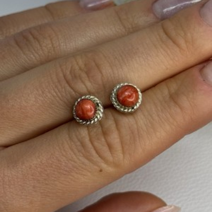 925 Sterling Silver Coral Earrings Length 0.30 Inch
