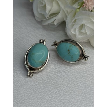 925 Sterling Silver Turquoise Clip Earrings Length 1.15 Inch