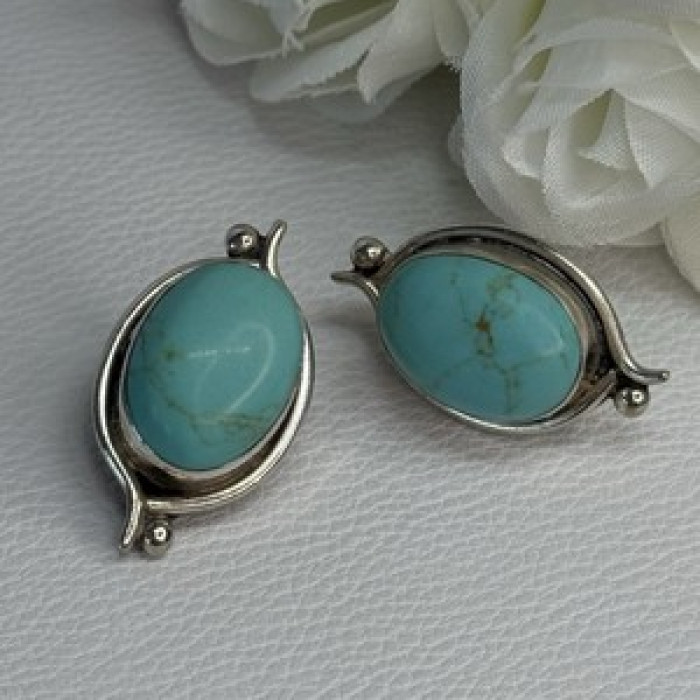 925 Sterling Silver Turquoise Clip Earrings Length 1.15 Inch