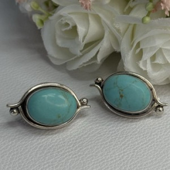 925 Sterling Silver Turquoise Clip Earrings Length 1.15 Inch