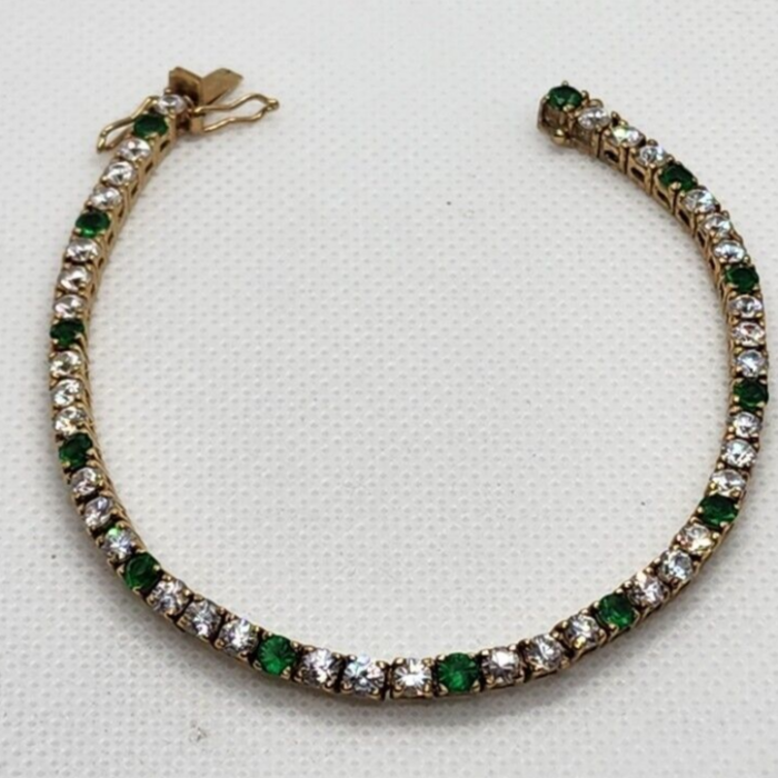 925 Sterling Silver Vermeil Emerald AND Quartz Bracelet Size 7 IN