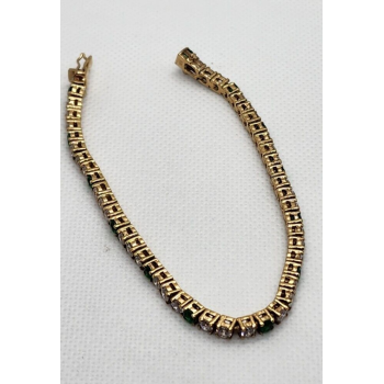 925 STERLING SILVER VERMEIL EMERALD AND QUARTZ BRACELET SIZE 7 IN