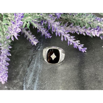 925 Sterling Silver Black Nephrite & CZ Ring Size 9
