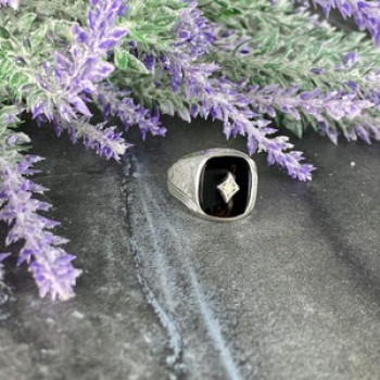 925 Sterling Silver Black Nephrite & CZ Ring Size 9