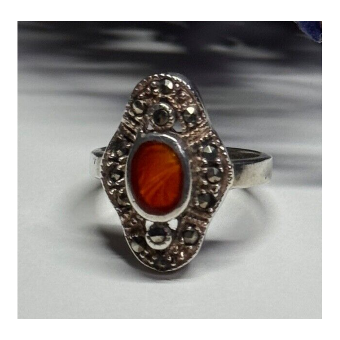 925 Sterling Silver Amber & Marcasite Ring Size 5