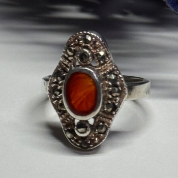 925 Sterling Silver Amber & Marcasite Ring Size 5