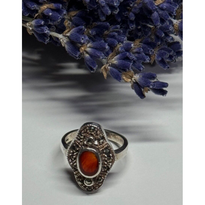 925 Sterling Silver Amber & Marcasite Ring Size 5