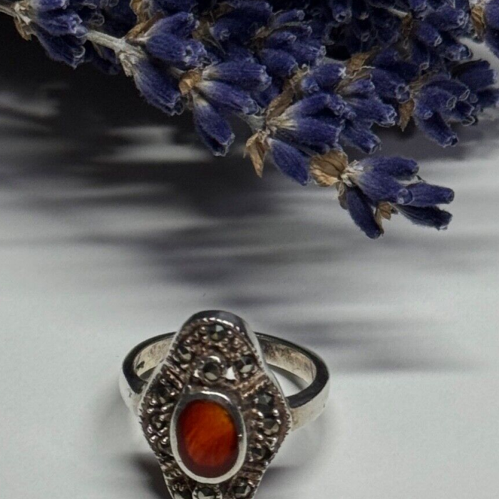 925 Sterling Silver Amber & Marcasite Ring Size 5
