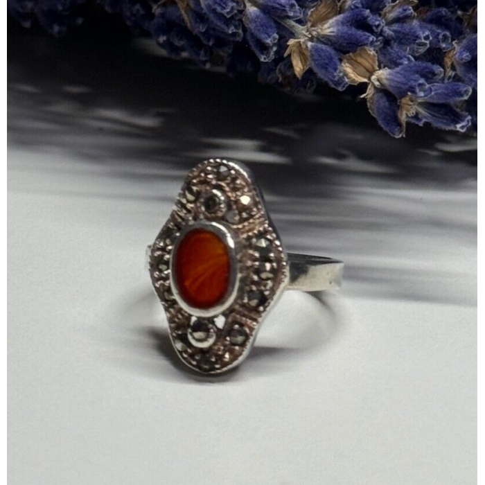 925 Sterling Silver Amber & Marcasite Ring Size 5