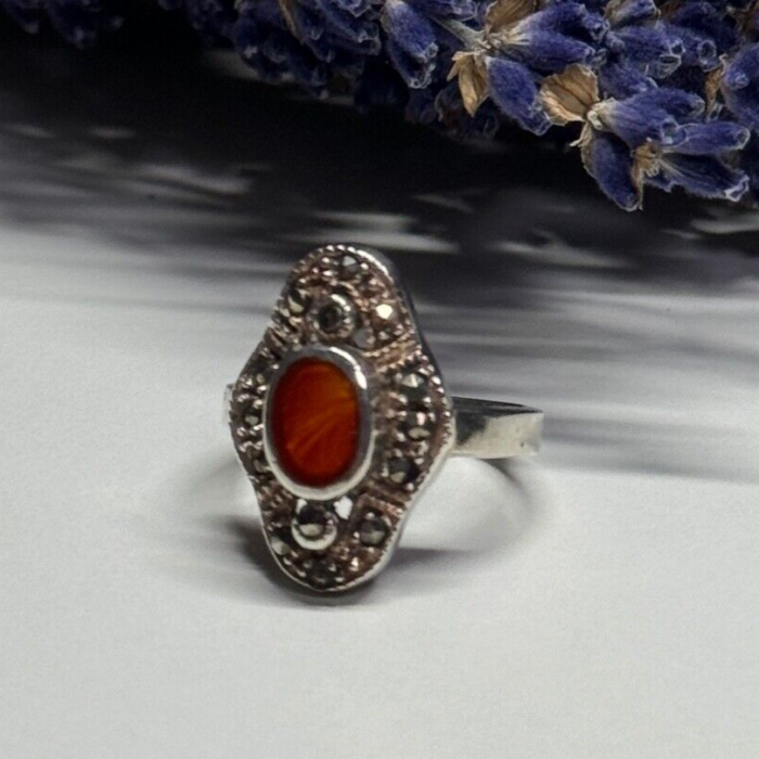 925 Sterling Silver Amber & Marcasite Ring Size 5