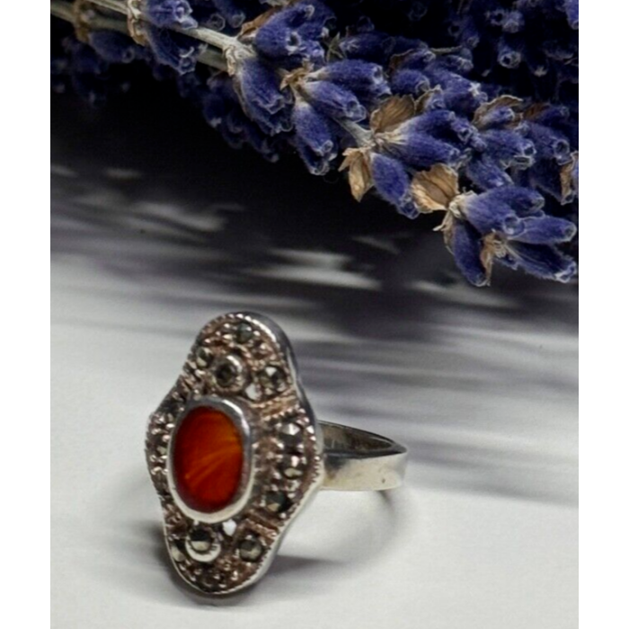925 Sterling Silver Amber & Marcasite Ring Size 5
