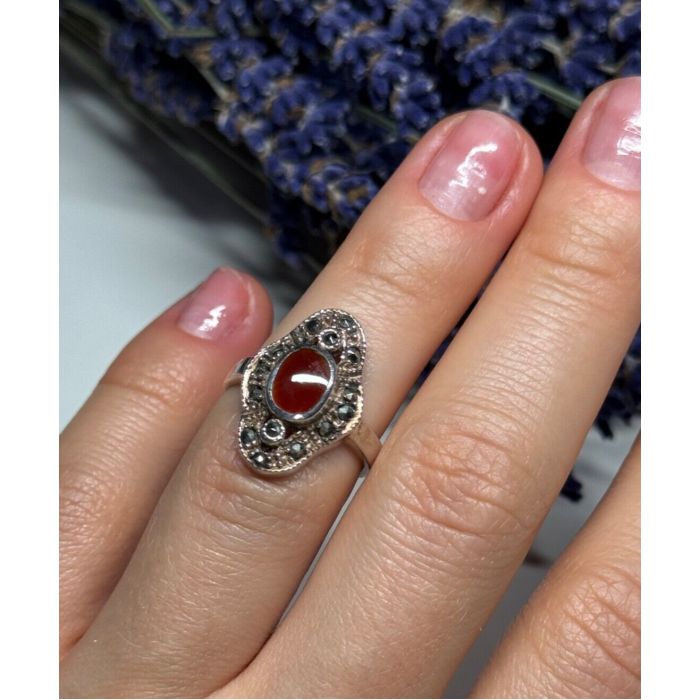 925 Sterling Silver Amber & Marcasite Ring Size 5