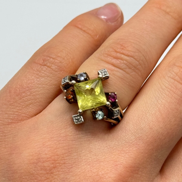 925 Sterling Silver SLV Tourmalines & Diamonds Ring Size 5.5