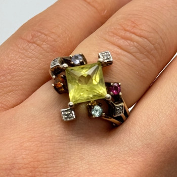 925 Sterling Silver SLV Tourmalines & Diamonds Ring Size 5.5