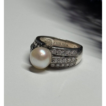 925 STERLING SILVER PEARL & CZ RING SIZE 5