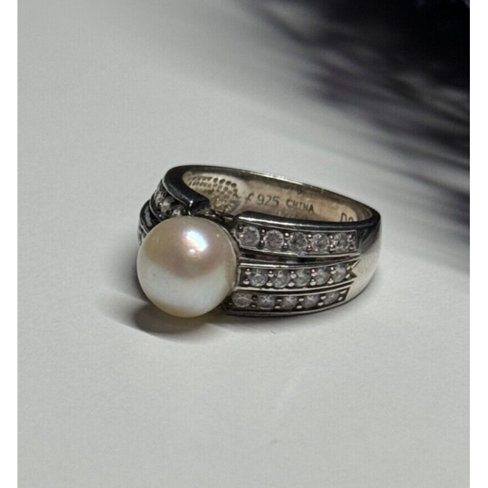925 STERLING SILVER PEARL & CZ RING SIZE 5