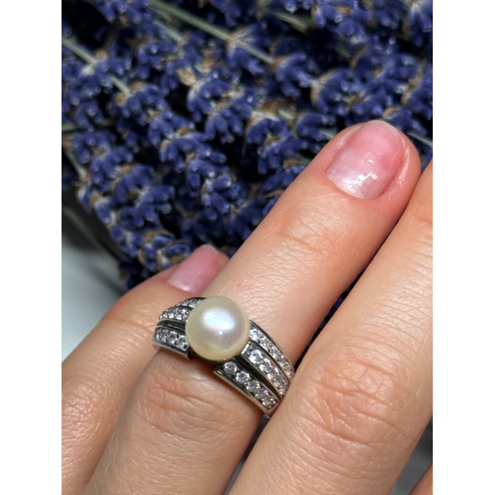 925 STERLING SILVER PEARL & CZ RING SIZE 5