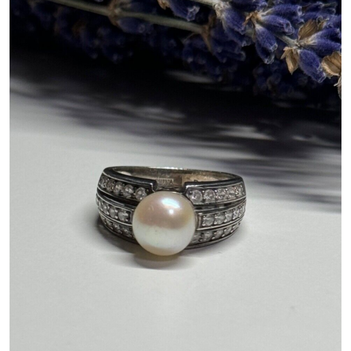 925 STERLING SILVER PEARL & CZ RING SIZE 5