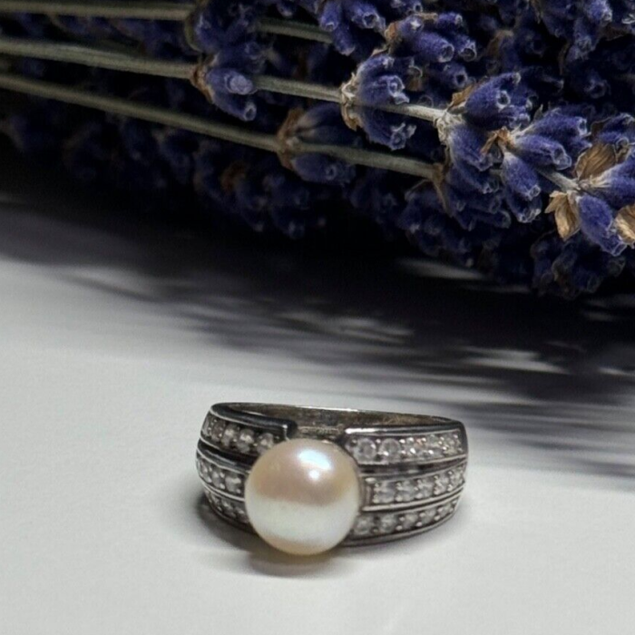 925 Sterling Silver Pearl & CZ Ring Size 5