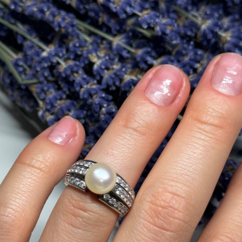 925 Sterling Silver Pearl & CZ Ring Size 5