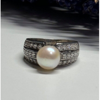 925 STERLING SILVER PEARL & CZ RING SIZE 5
