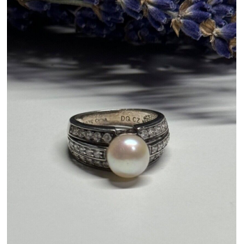 925 STERLING SILVER PEARL & CZ RING SIZE 5