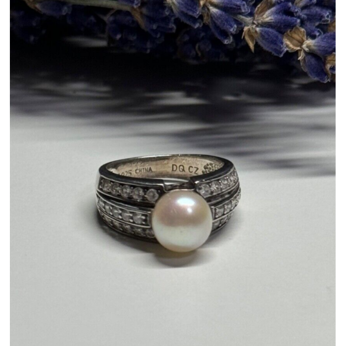 925 STERLING SILVER PEARL & CZ RING SIZE 5