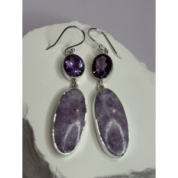 925 Sterling Silver Lepidolite & Amethyst Earrings Length 2.5 Inch
