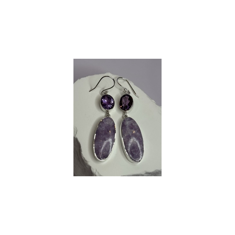 925 Sterling Silver Lepidolite & Amethyst Earrings Length 2.5 Inch
