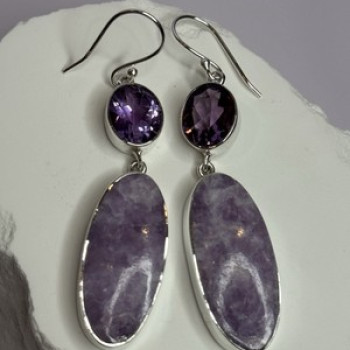 925 Sterling Silver Lepidolite & Amethyst Earrings Length 2.5 Inch