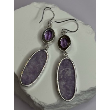 925 Sterling Silver Lepidolite & Amethyst Earrings Length 2.5 Inch