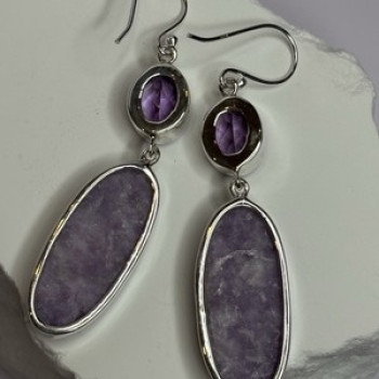 925 Sterling Silver Lepidolite & Amethyst Earrings Length 2.5 Inch