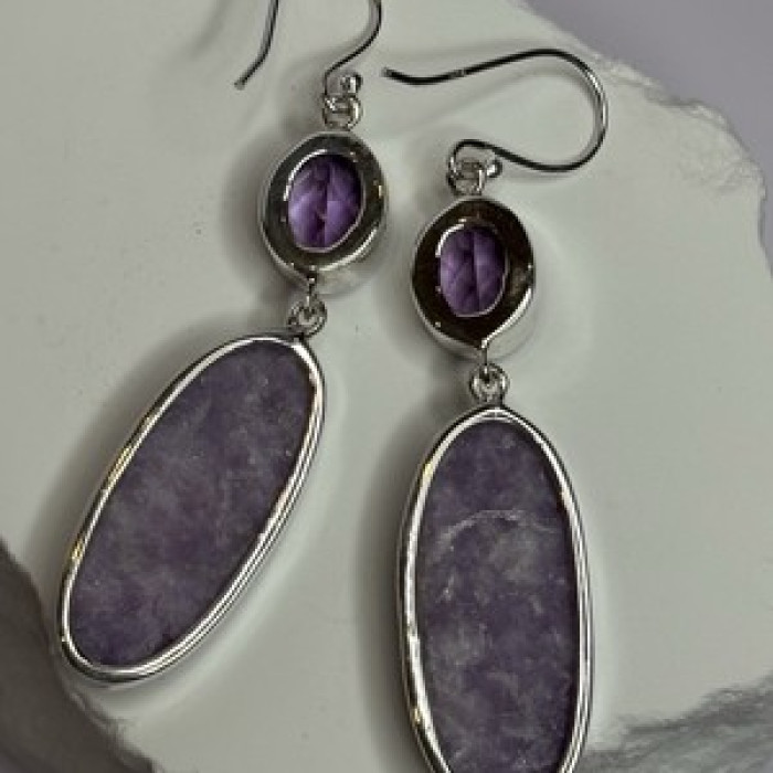 925 Sterling Silver Lepidolite & Amethyst Earrings Length 2.5 Inch