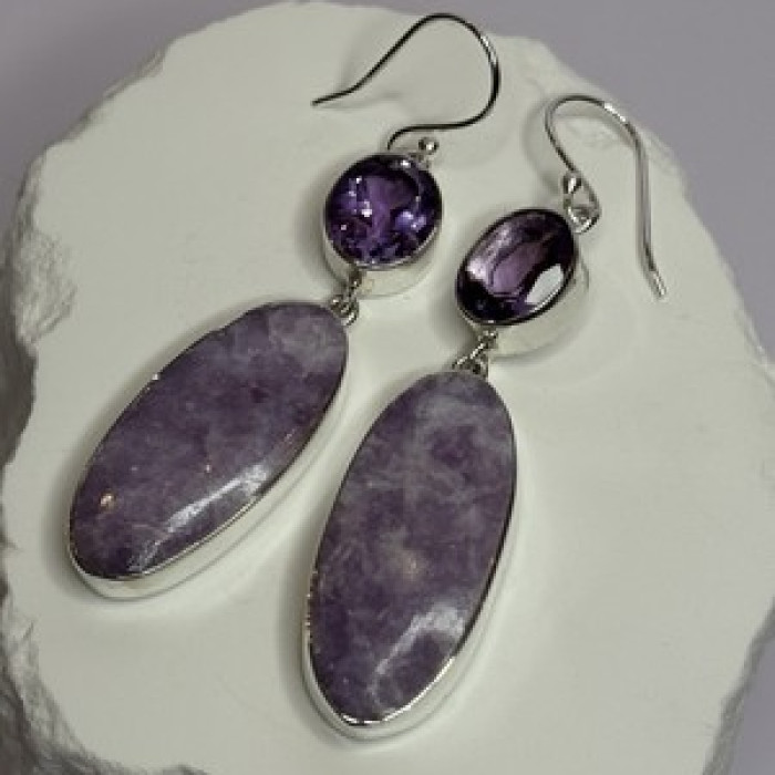 925 Sterling Silver Lepidolite & Amethyst Earrings Length 2.5 Inch