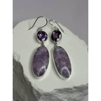925 Sterling Silver Lepidolite & Amethyst Earrings Length 2.5 Inch