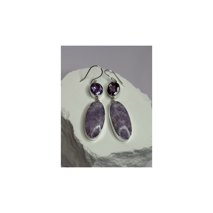 925 Sterling Silver Lepidolite & Amethyst Earrings Length 2.5 Inch