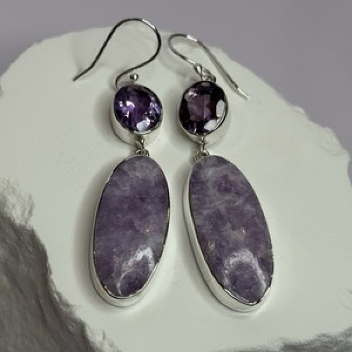 925 Sterling Silver Lepidolite & Amethyst Earrings Length 2.5 Inch