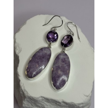 925 Sterling Silver Lepidolite & Amethyst Earrings Length 2.5 Inch