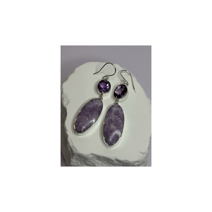 925 Sterling Silver Lepidolite & Amethyst Earrings Length 2.5 Inch