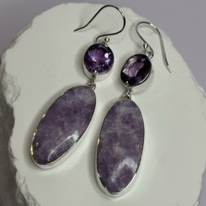 925 Sterling Silver Lepidolite & Amethyst Earrings Length 2.5 Inch