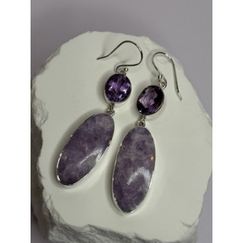 925 Sterling Silver Lepidolite & Amethyst Earrings Length 2.5 Inch