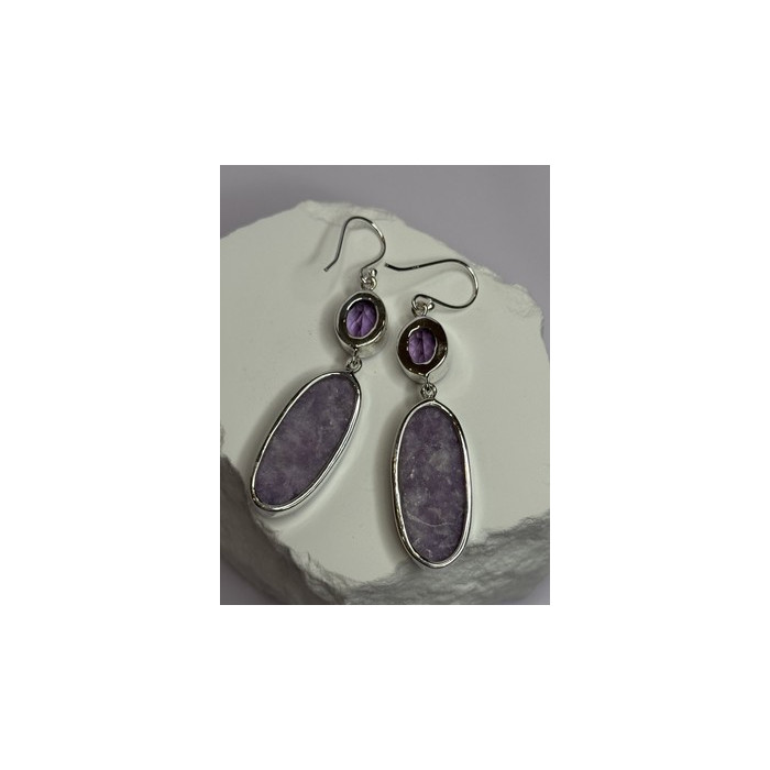 925 Sterling Silver Lepidolite & Amethyst Earrings Length 2.5 Inch